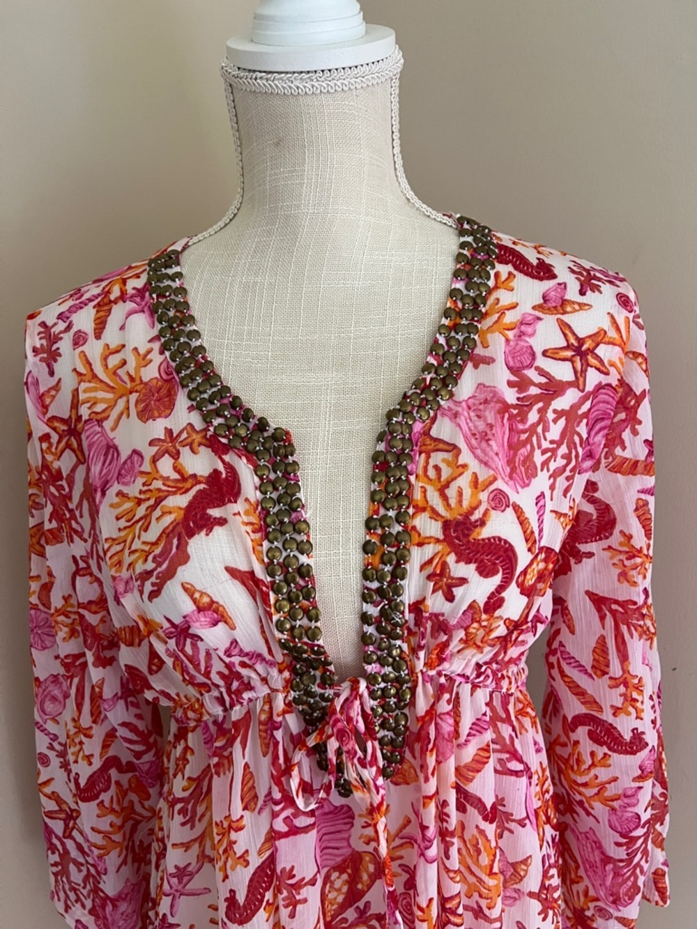 blue island Pink and Orange Printed Tunic with Beaded Neckline - Picture 2 of 8